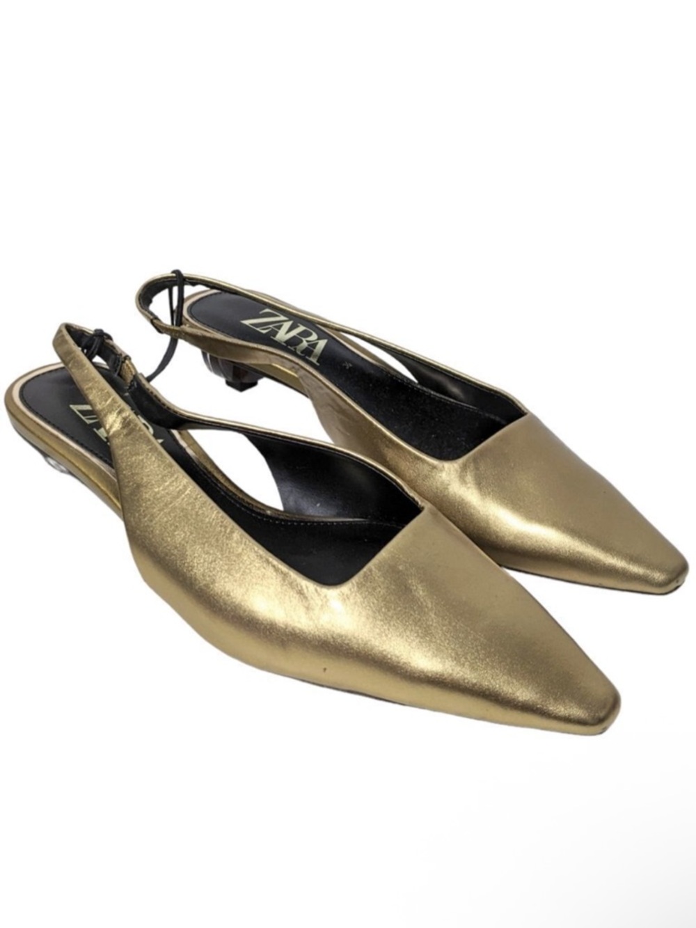 NWT ZARA Metallic Gold Leather Geo Heel Mules 36